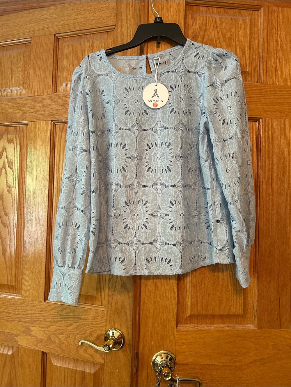 An Ardess Light Blue Lace Puff-Sleeve Blouse